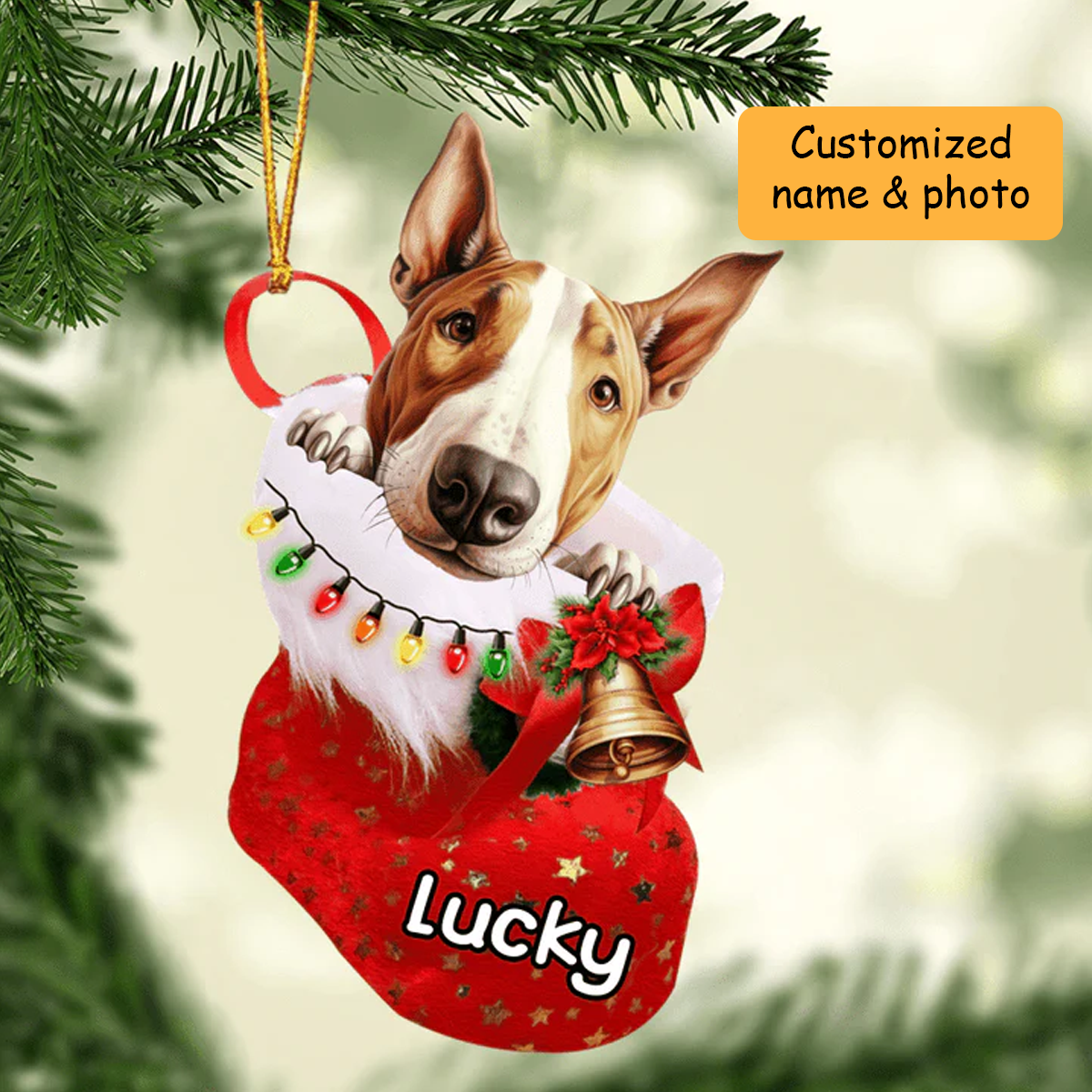 Personalized Bull Terrier Dog In Christmas Stocking Acrylic Ornament, Christmas Gifts Ornament for Dog Lover