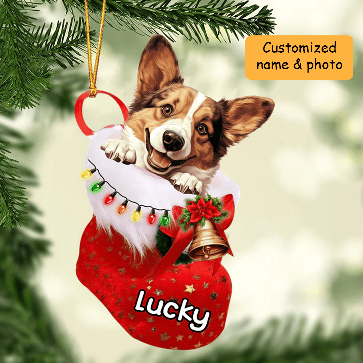 Personalized Welsh Corgi Dog In Christmas Stocking Acrylic Ornament, Christmas Gifts Ornament for Dog Lover