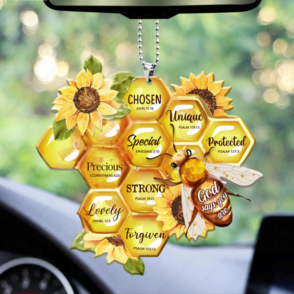 Bee And Honeycomb Sunflower God Says Are You Acrylic Car Ornament, Perfect Christmas Gift For Family, Friends