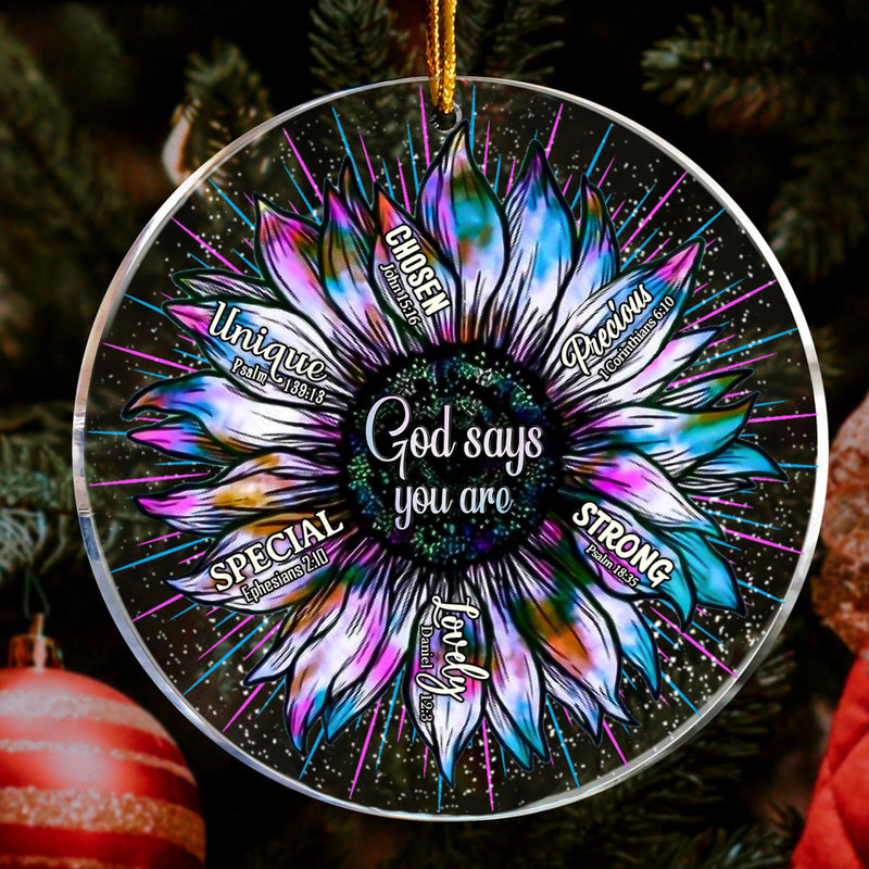 Purple Blue Sunflower God Says You Are Acrylic Ornament, Christmas Gift For Family, Friends, Holiday Decor