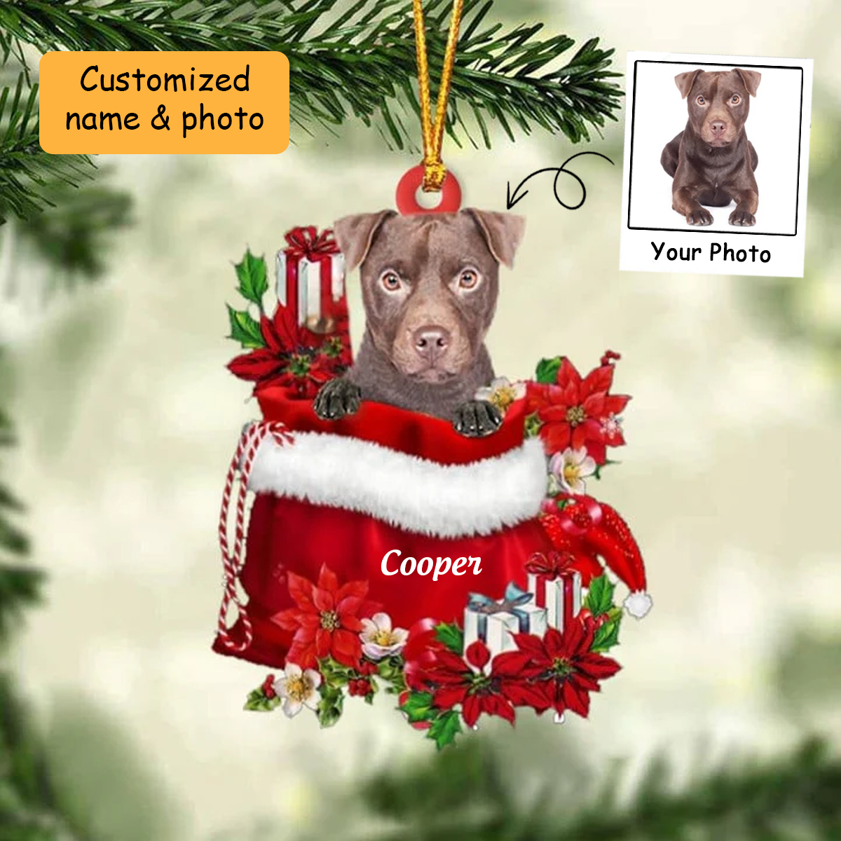 Customized Patterdale Terrier In Red Gift Bag Acrylic Ornament, Christmas Gift For Dog Lovers, Dog Mom