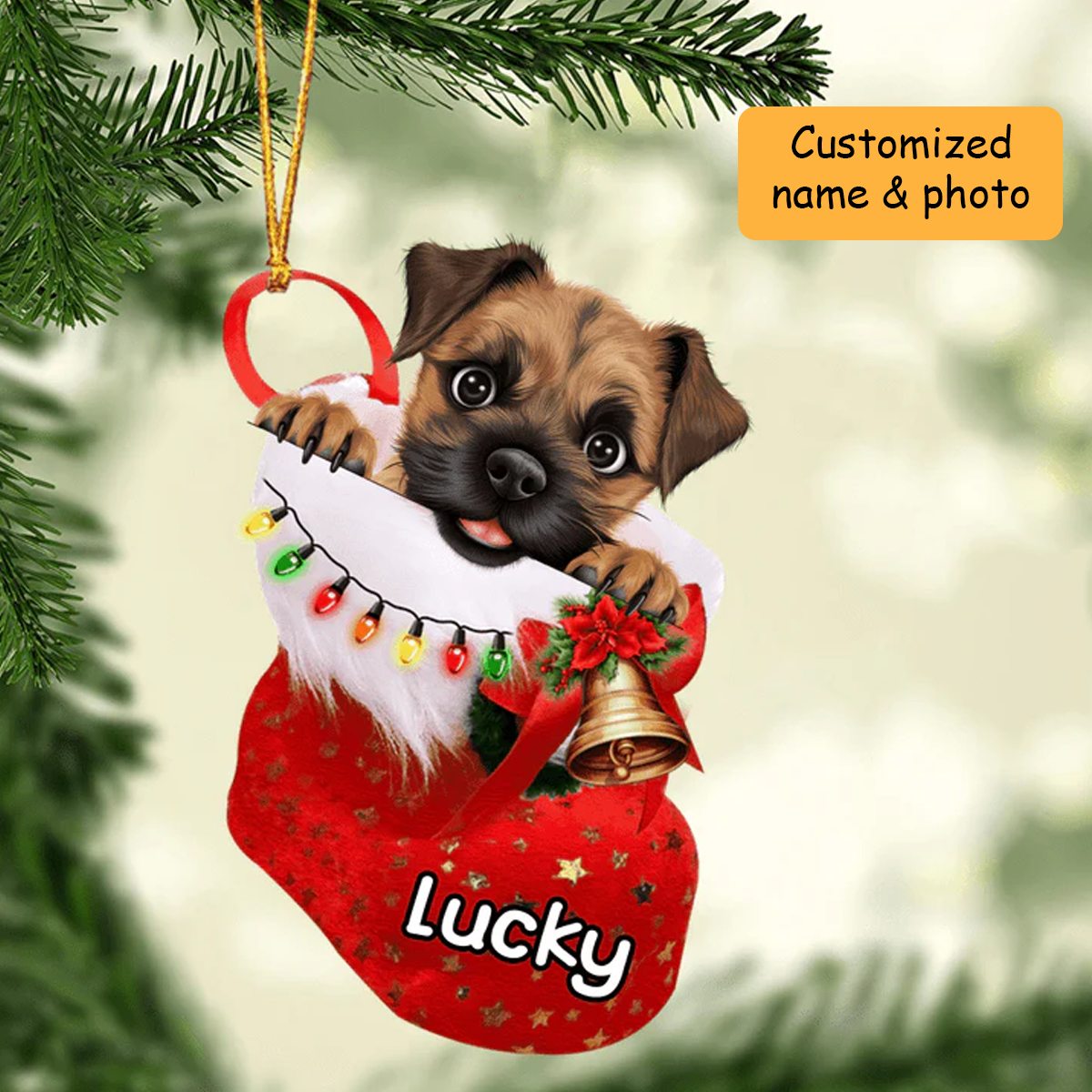 Personalized Border Terrier In Christmas Stocking Acrylic Ornament, Christmas Gifts Ornament for Dog Lover