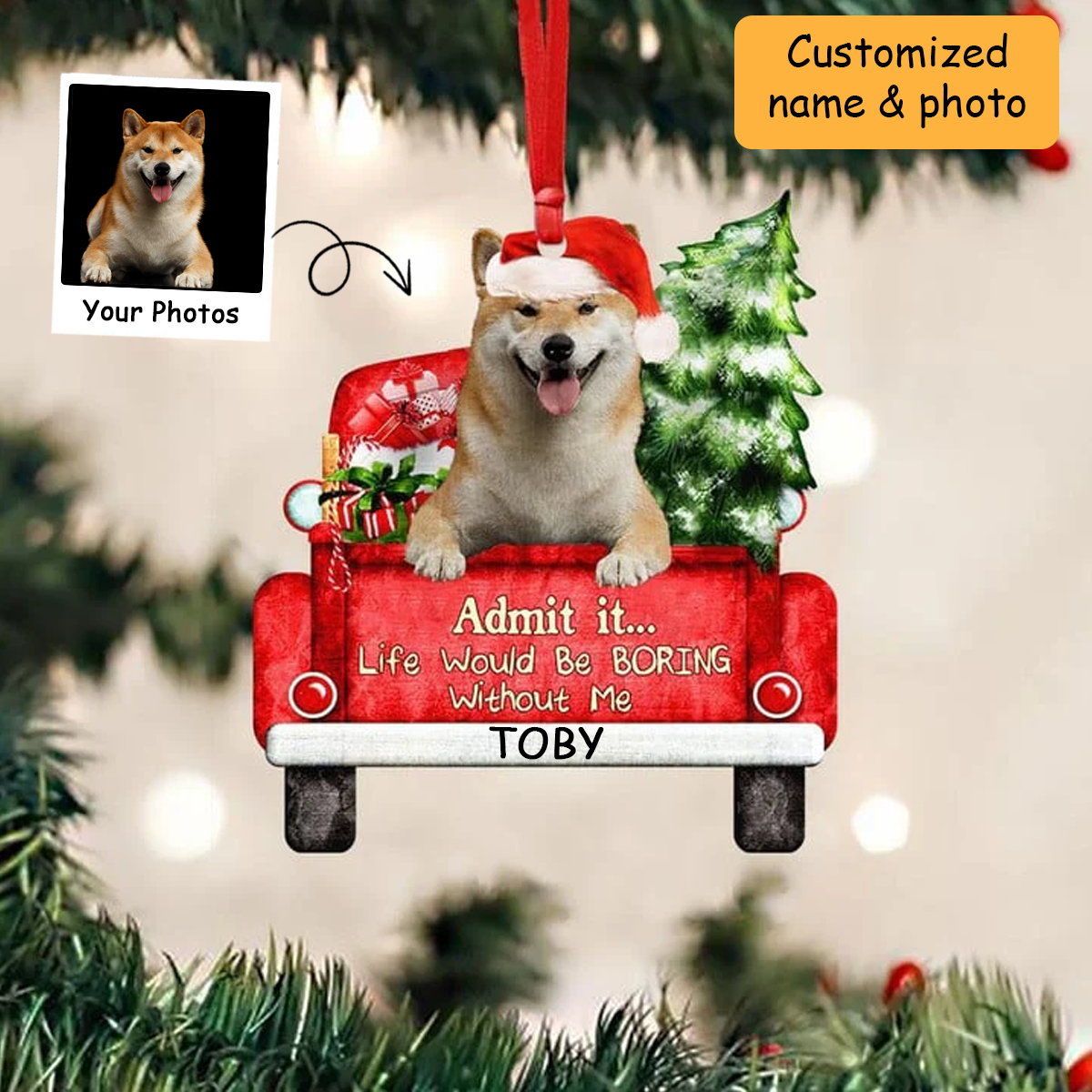 Customized Shiba Inu Dog On The Red Truck Acrylic Christmas Ornament, Christmas Gift For Dog Lovers, Dog Owners