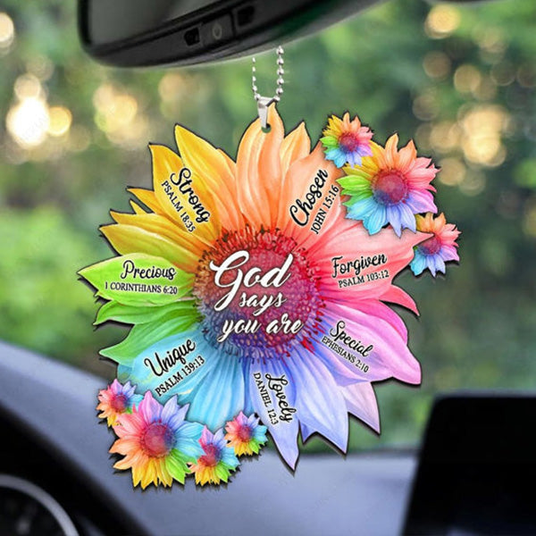 Rainbow Sunflowers God Says You Are Acrylic Car Ornament, Perfect Christmas Gift For Family, Friends