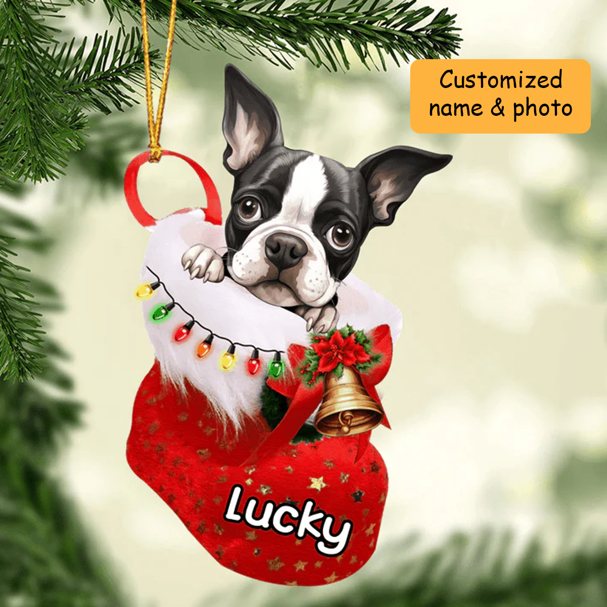 Personalized Boston Terrier In Christmas Stocking Acrylic Ornament, Christmas Gifts Ornament for Dog Lover