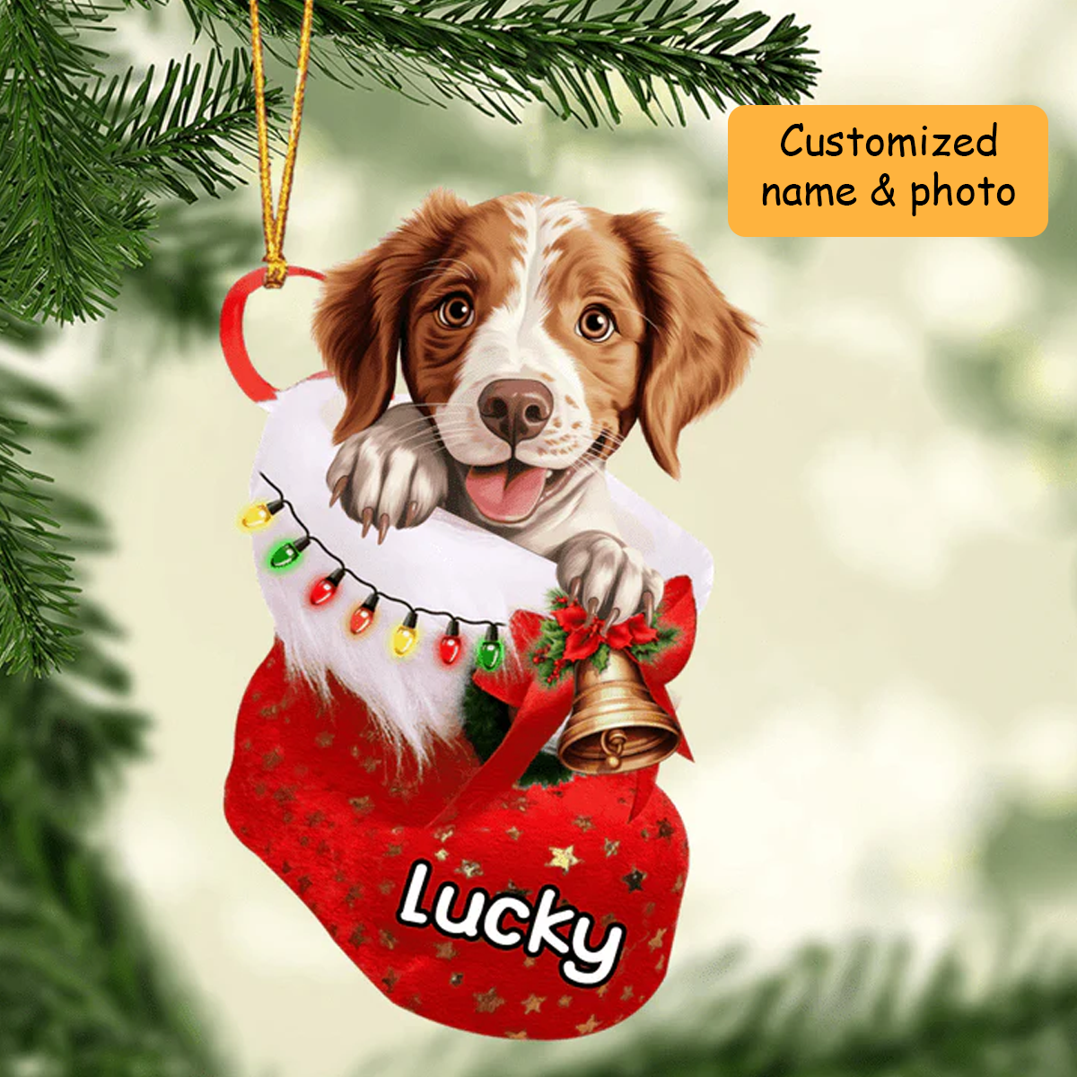Personalized Brittany In Christmas Stocking Acrylic Ornament, Christmas Gifts Ornament for Dog Lover