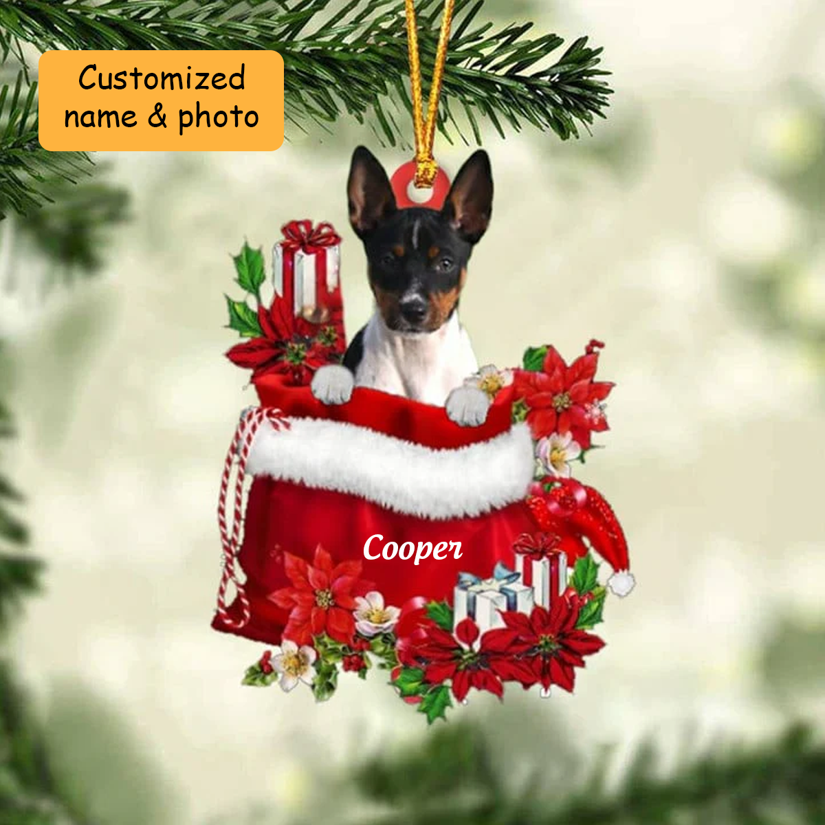 Personalized Rat Terrier Dog In Red Gift Bag Acrylic Ornament, Christmas Gift For Dog Lovers, Dog Mom