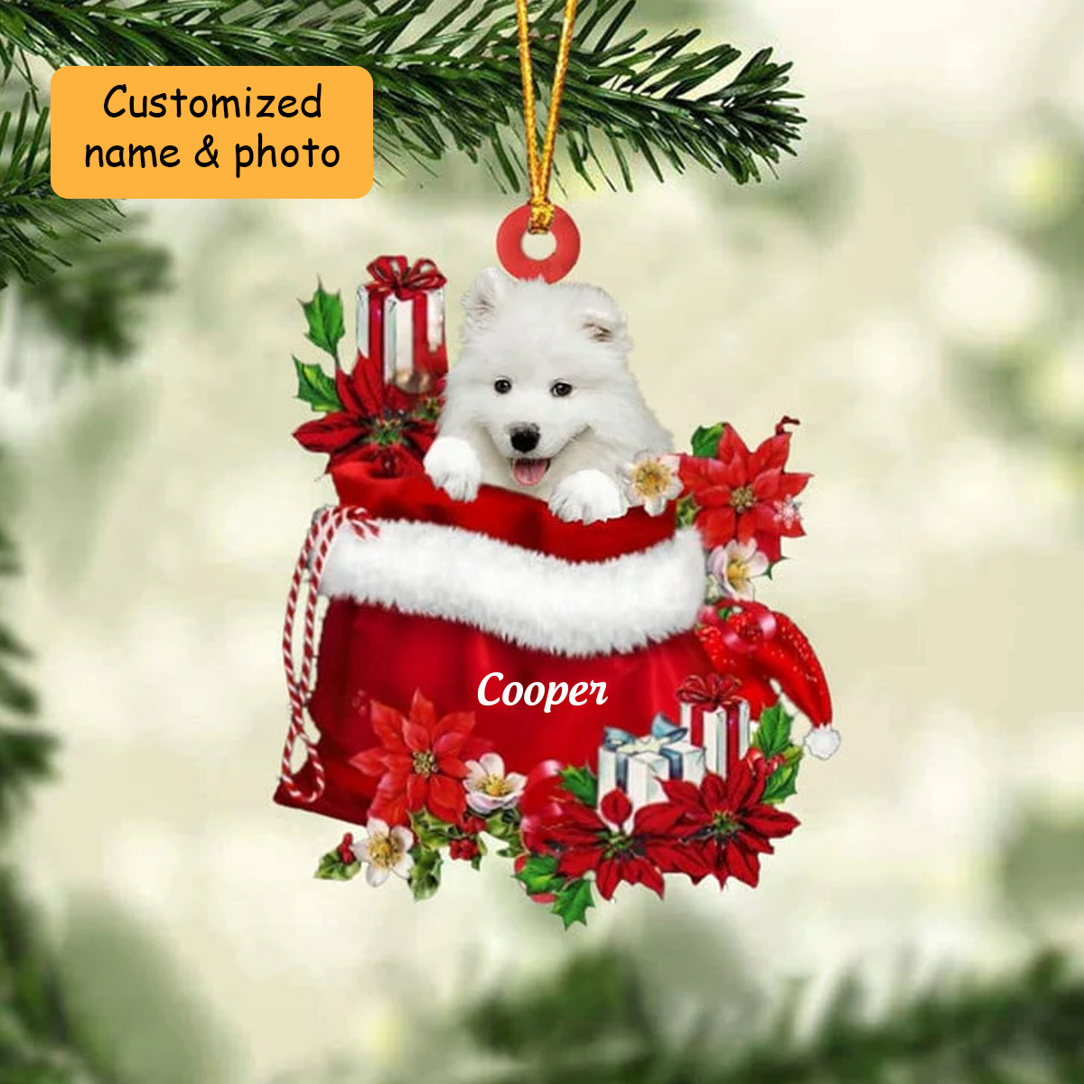 Personalized Samoyed In Red Gift Bag Acrylic Ornament, Custom Christmas Gift For Dog Lovers, Dog Mom