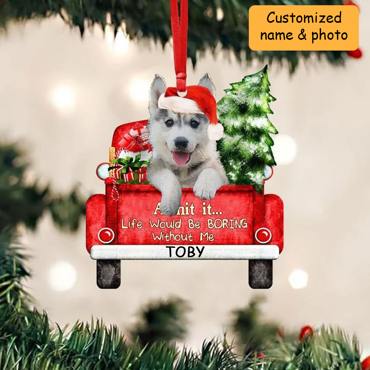 Customized Husky Dog On The Red Truck Acrylic Christmas Ornament, Christmas Gift For Dog Lovers, Dog Owners