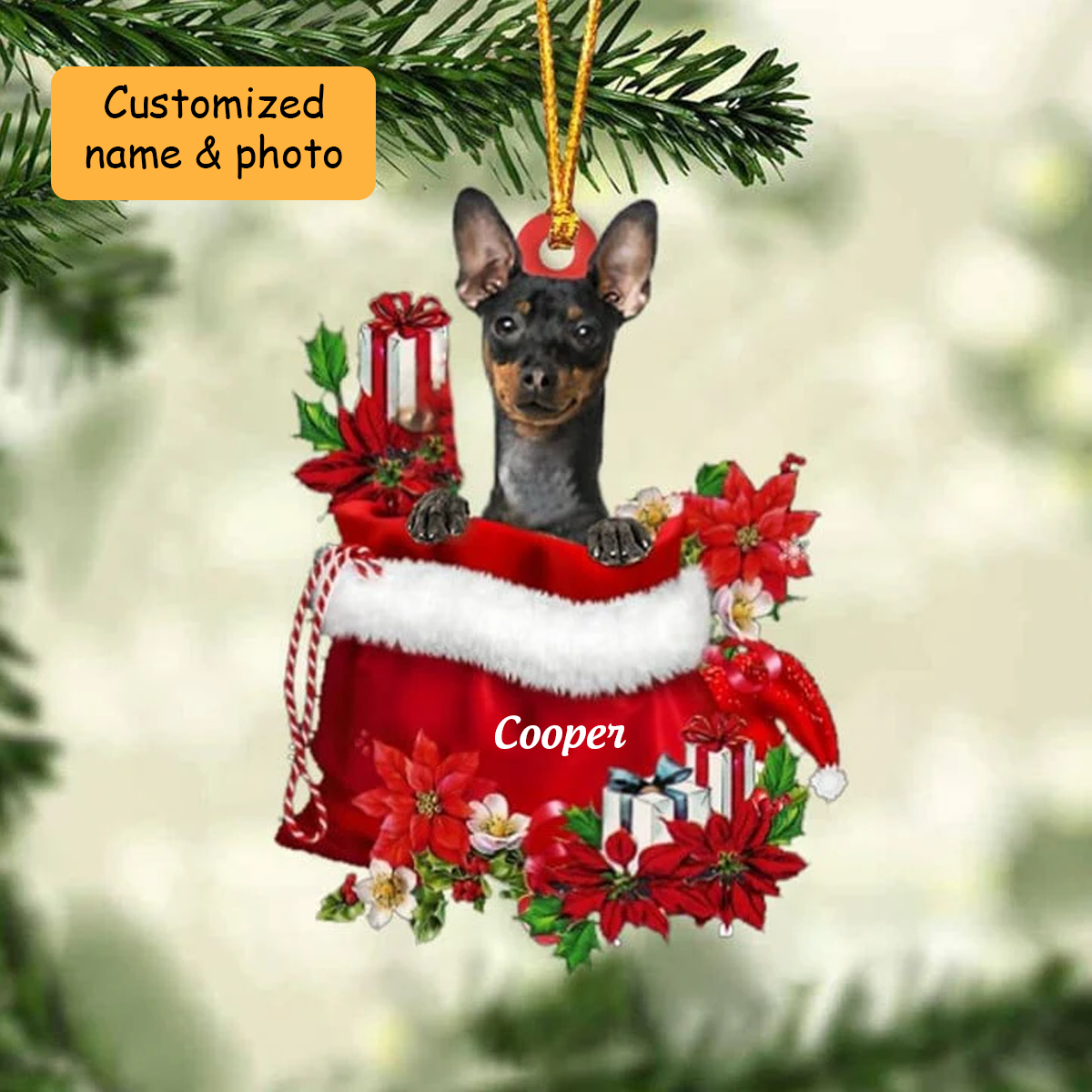 Personalized Miniature Pinscher In Red Gift Bag Acrylic Ornament, Custom Christmas Gift For Dog Lovers, Dog Mom