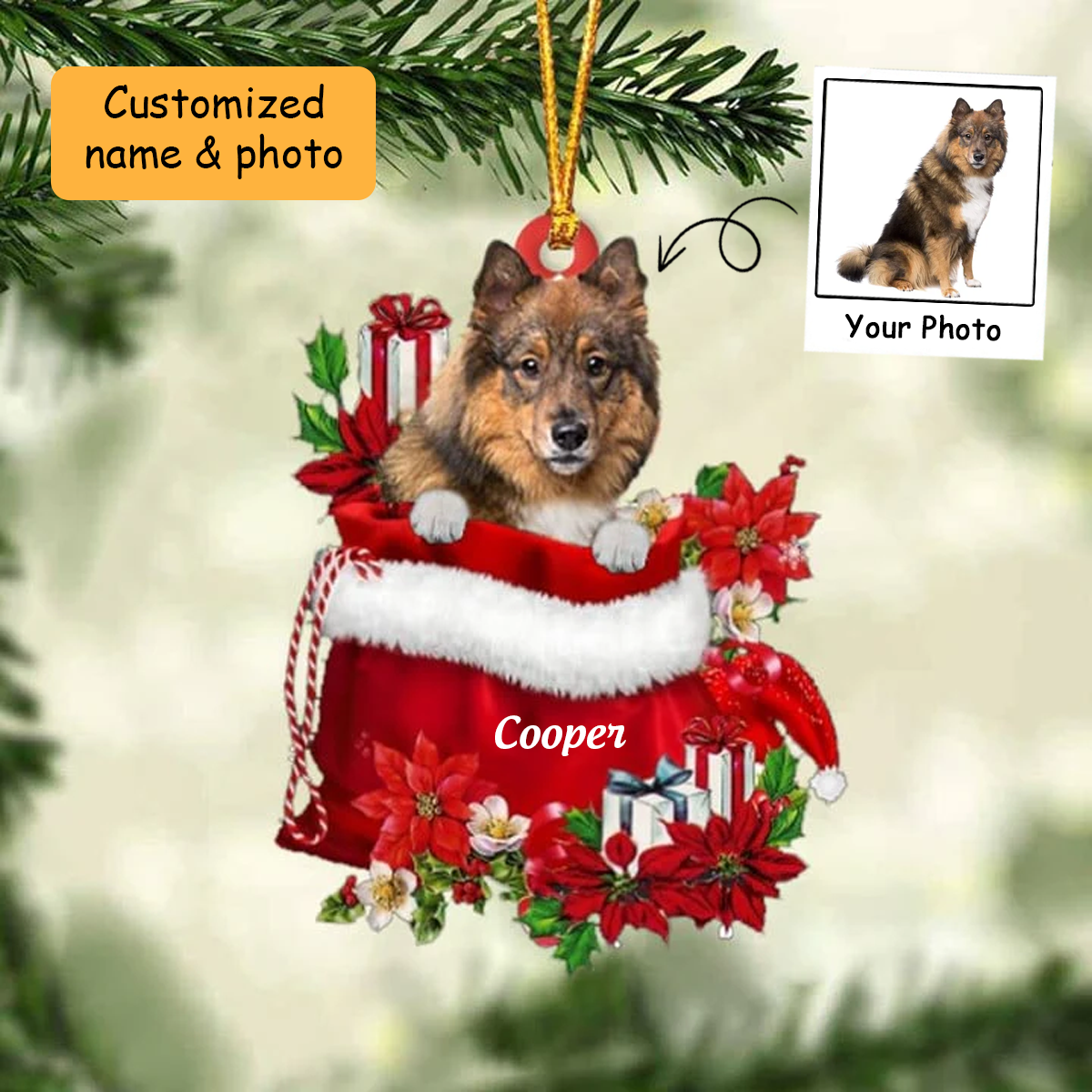 Personalized Eurasier Dog In Red Gift Bag Acrylic Ornament, Custom Christmas Gift For Dog Lovers, Dog Mom