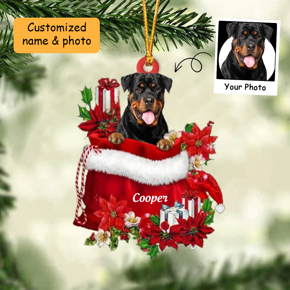 Personalized Rottweiler Dog In Red Gift Bag Acrylic Ornament, Custom Christmas Gift For Dog Lovers, Dog Mom