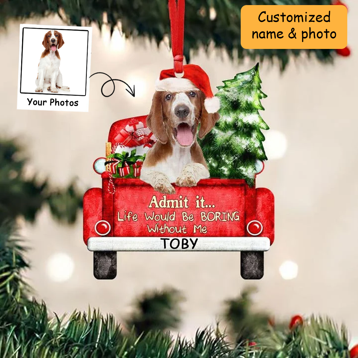 Customized Welsh Springer Spaniel Dog On The Red Truck Acrylic Christmas Ornament, Christmas Gift For Dog Lovers, Dog Owners