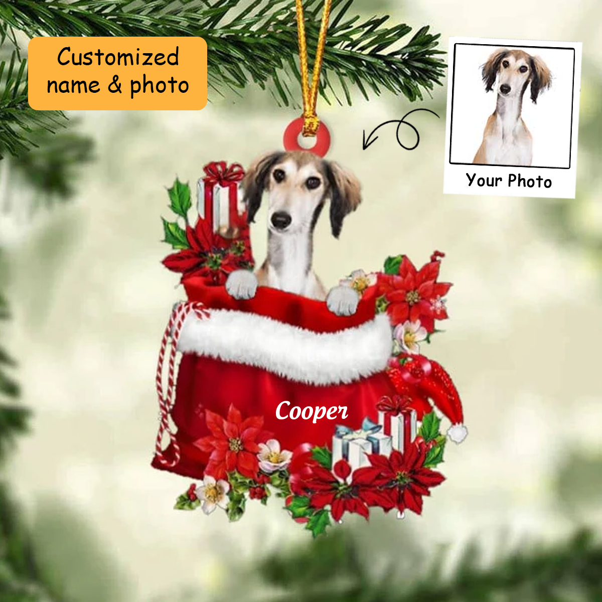 Personalized Saluki Dog In Red Gift Bag Acrylic Ornament, Custom Christmas Gift For Dog Lovers, Dog Mom