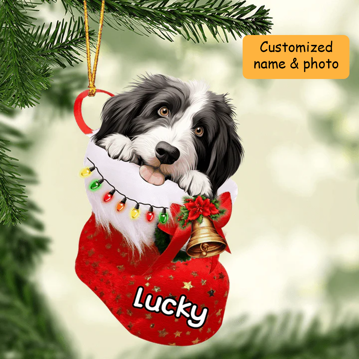 Personalized Bearded Collie in Christmas Stocking Acrylic Ornament, Christmas Gifts Ornament for Dog Lover