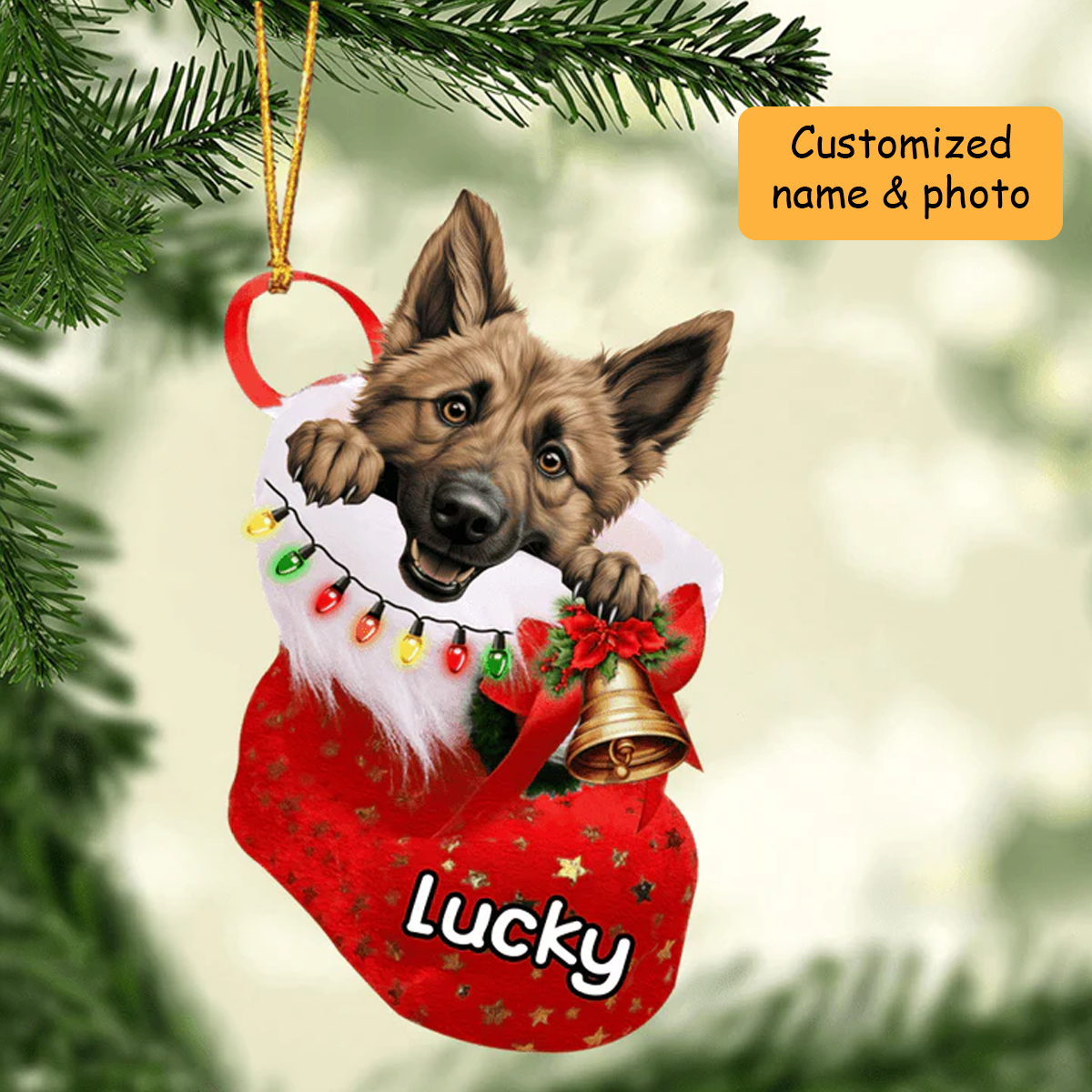 Personalized Belgian Sheepdog in Christmas Stocking Acrylic Ornament, Christmas Gifts Ornament for Dog Lover