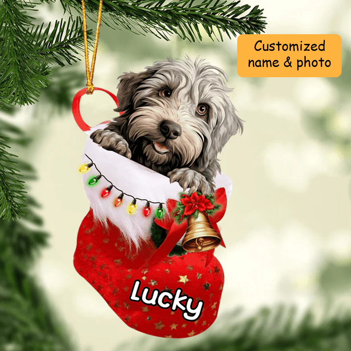 Personalized Bergamasco in Christmas Stocking Acrylic Ornament, Christmas Gifts Ornament for Dog Lover