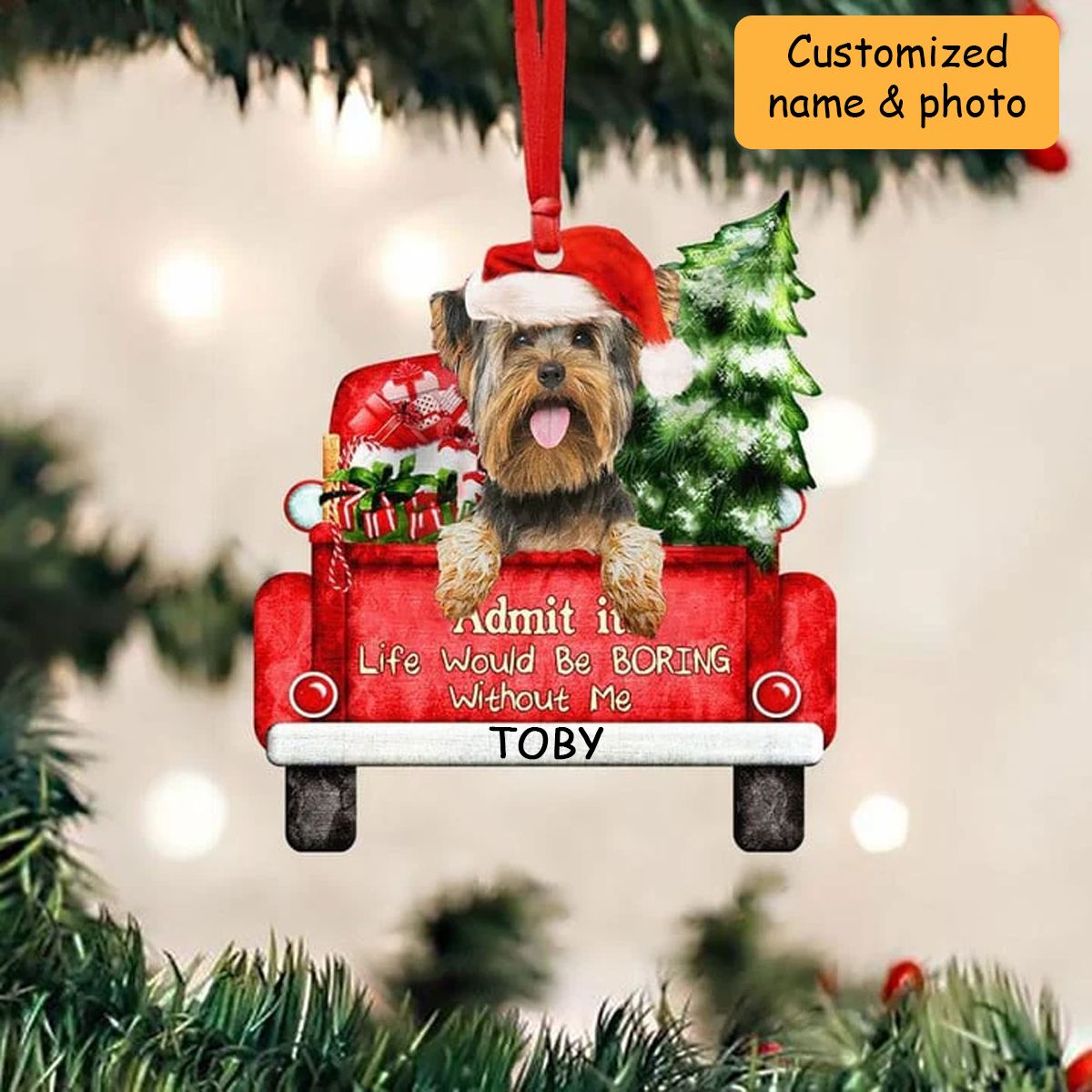 Customized Yorkshire Terrier Dog On The Red Truck Acrylic Christmas Ornament, Christmas Gift For Dog Lovers, Dog Owners