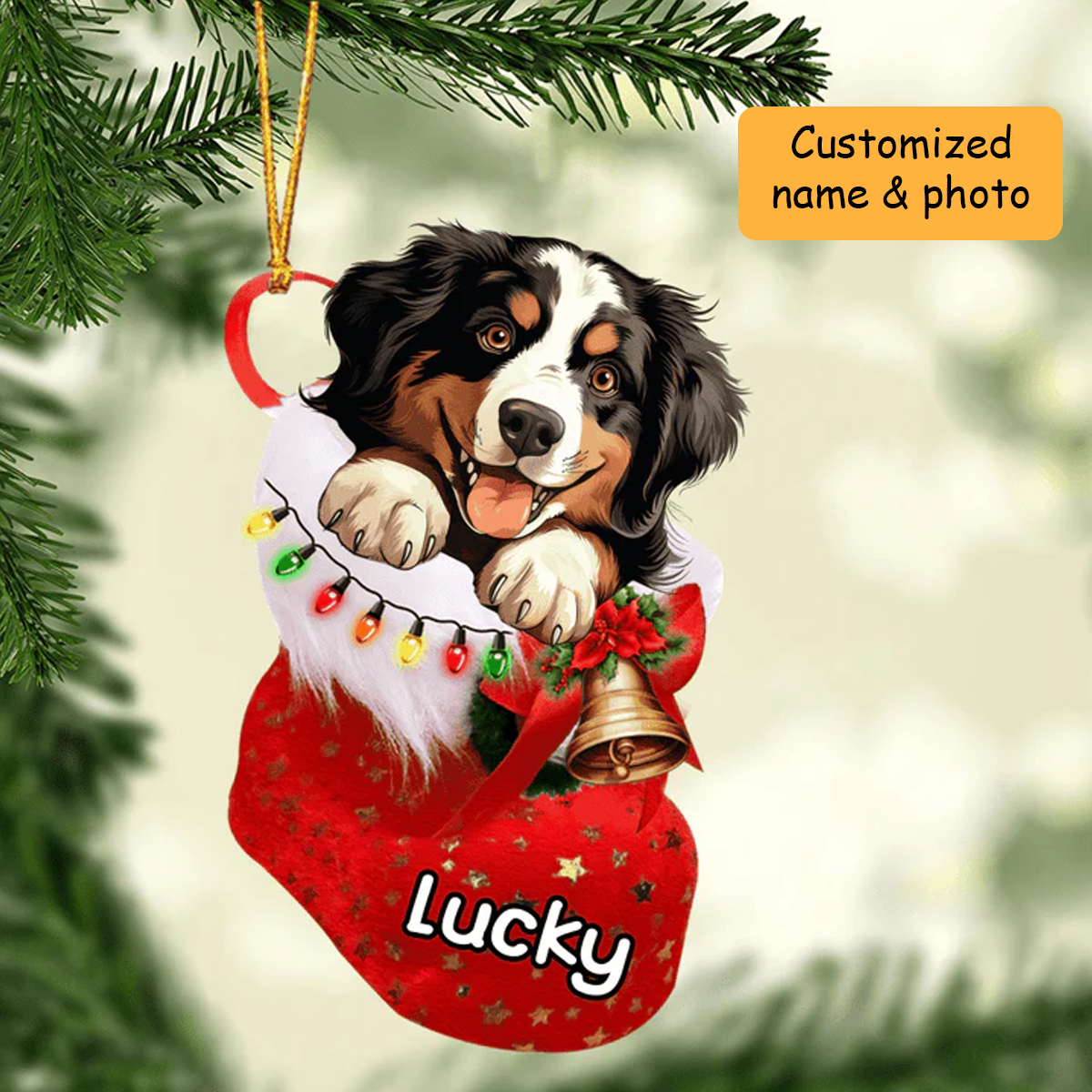 Personalized Bernese Mountain in Stocking Acrylic Christmas Ornament, Christmas Gifts Ornament for Dog Lover