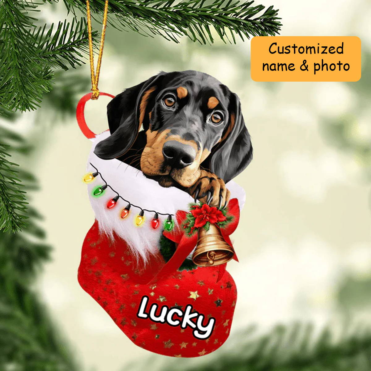 Personalized Black and Tan Coonhound in Christmas Stocking Acrylic Ornament, Christmas Gifts Ornament for Dog Lover