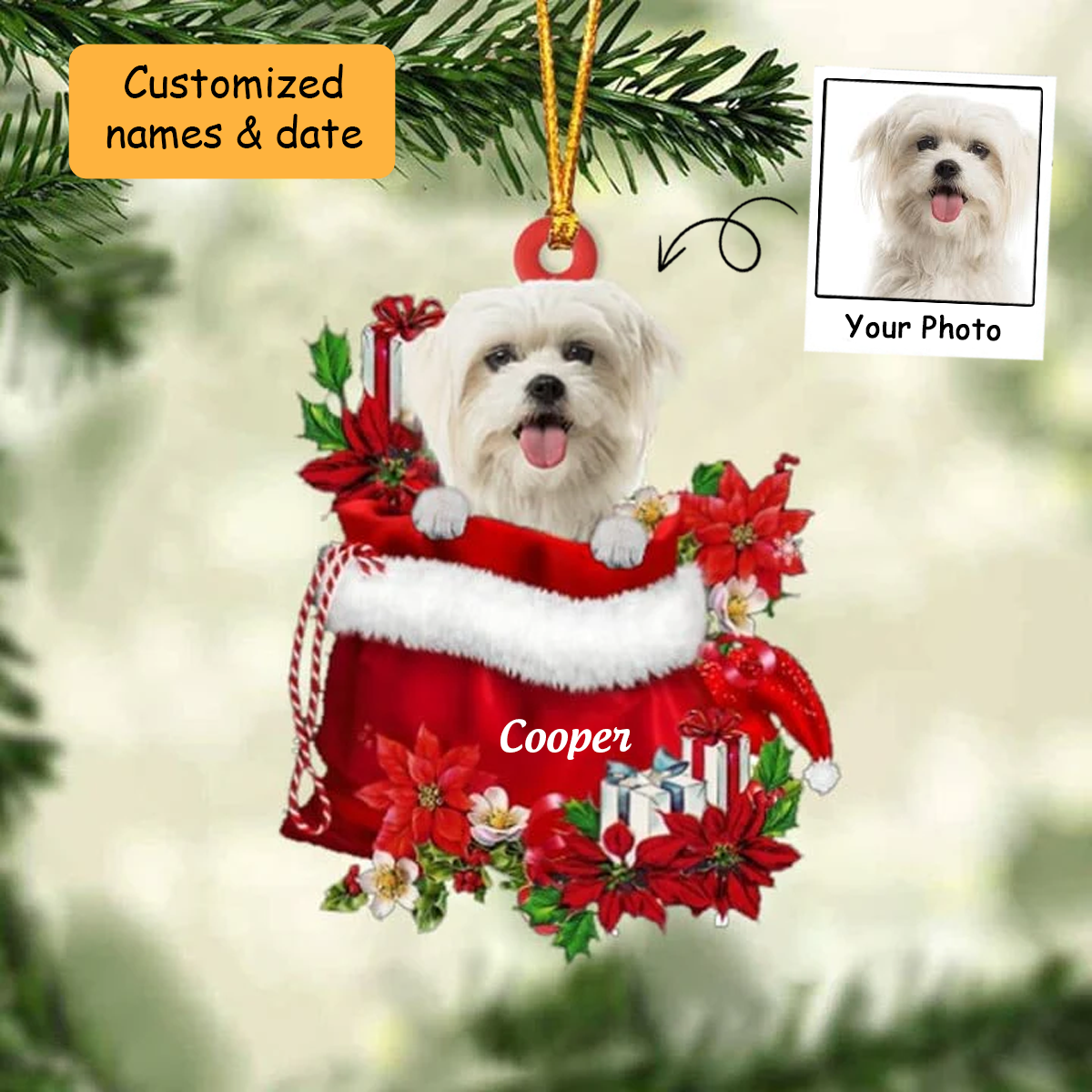 Personalized Maltese Dog In Red Gift Bag Acrylic Ornament, Custom Christmas Gift For Dog Lovers, Dog Mom