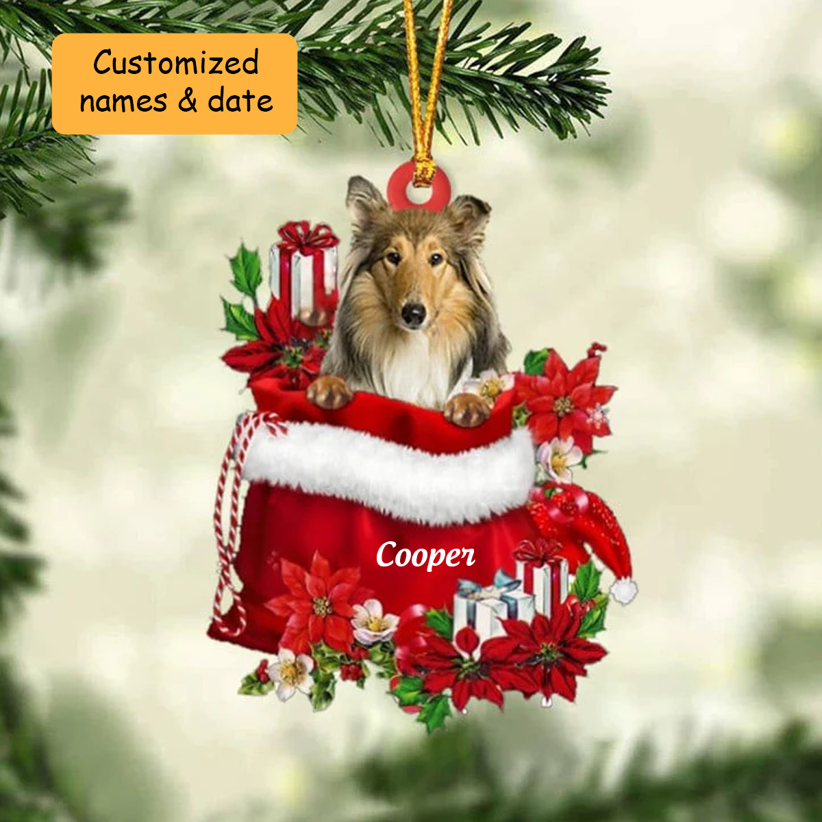 Personalized Scotch Collie Dog In Red Gift Bag Acrylic Ornament, Custom Christmas Gift For Dog Lovers, Dog Mom