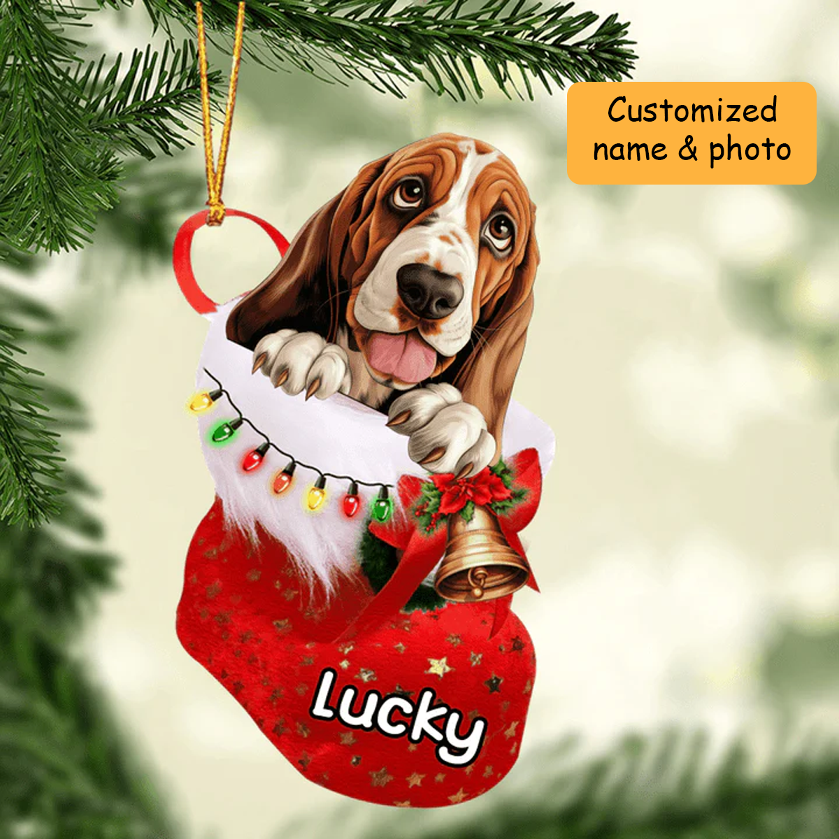 Personalized Basset Hound in Christmas Stocking Acrylic Ornament, Christmas Gifts Ornament for Dog Lover
