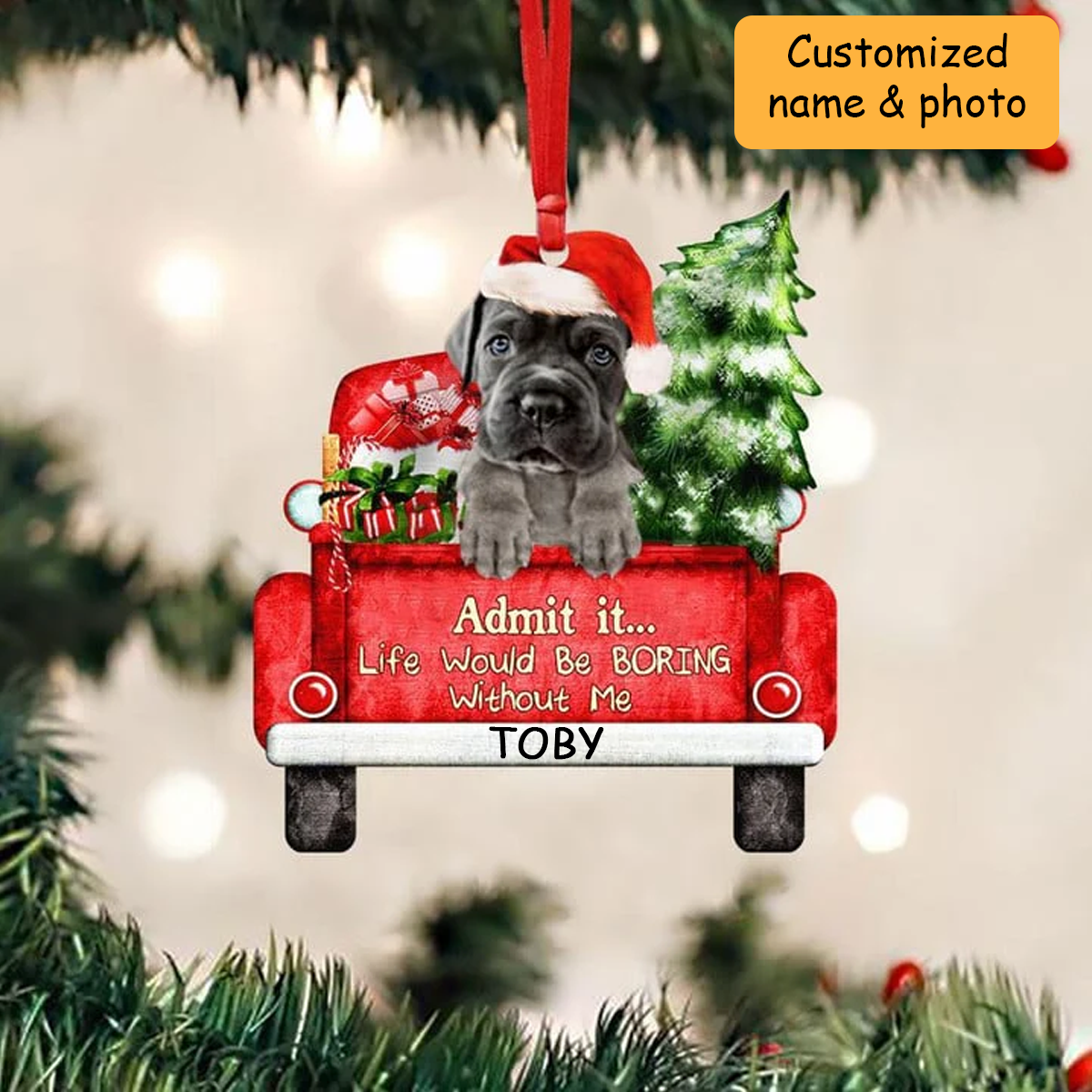 Customized Cane Corso Dog On The Red Truck Acrylic Christmas Ornament, Christmas Gift For Dog Lovers, Dog Owners