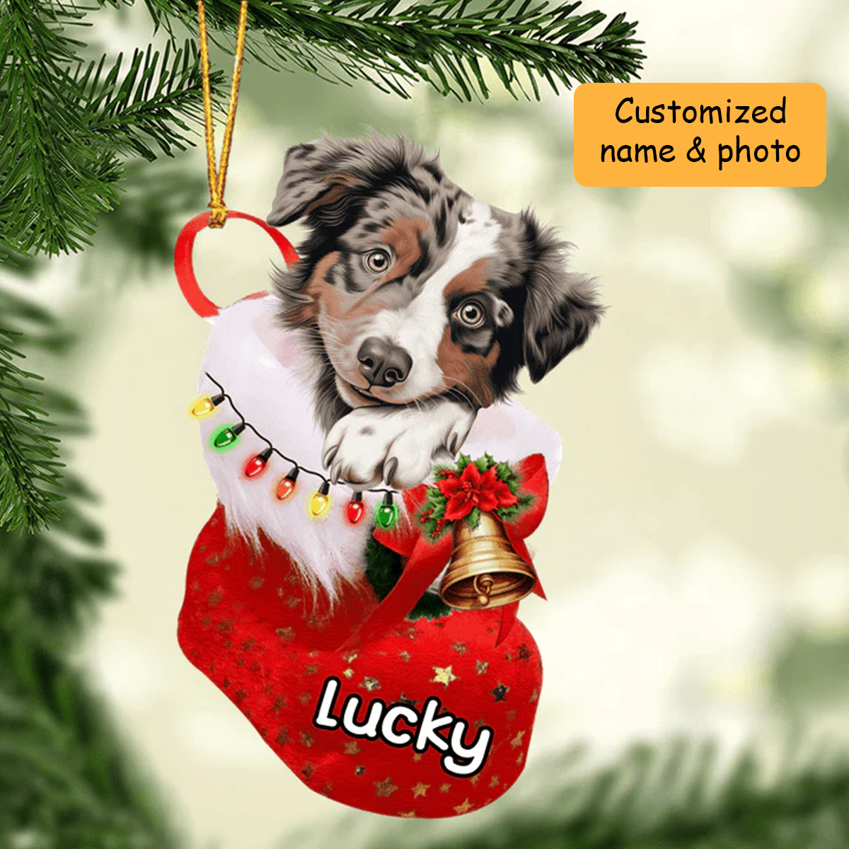 Personalized Australian Shepherd in Christmas Stocking Acrylic Ornament, Christmas Gifts Ornament for Dog Lover