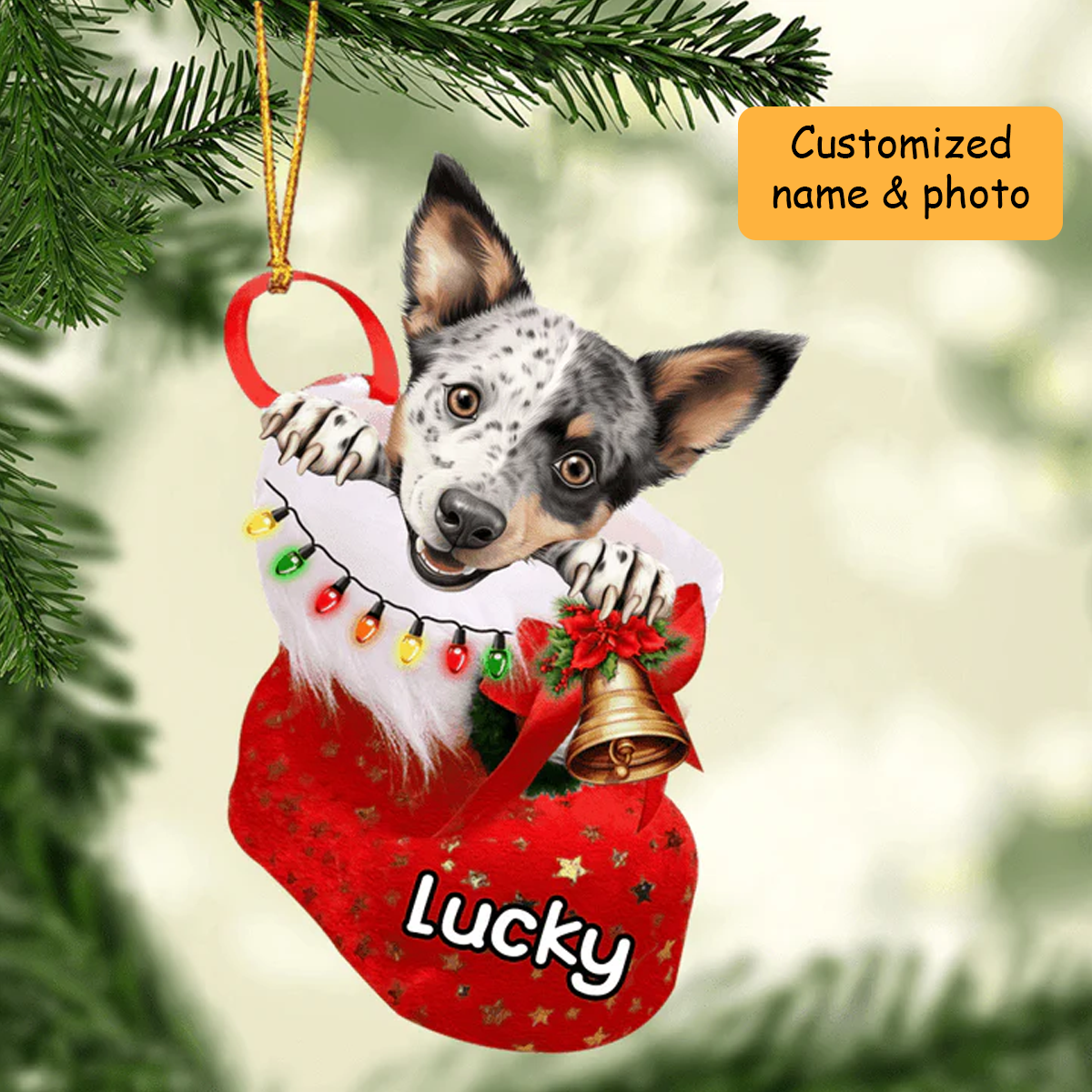 Personalized Australian Stumpy Tail Cattle in Christmas Stocking Acrylic Ornament, Christmas Acrylic Ornament for Dog Lover