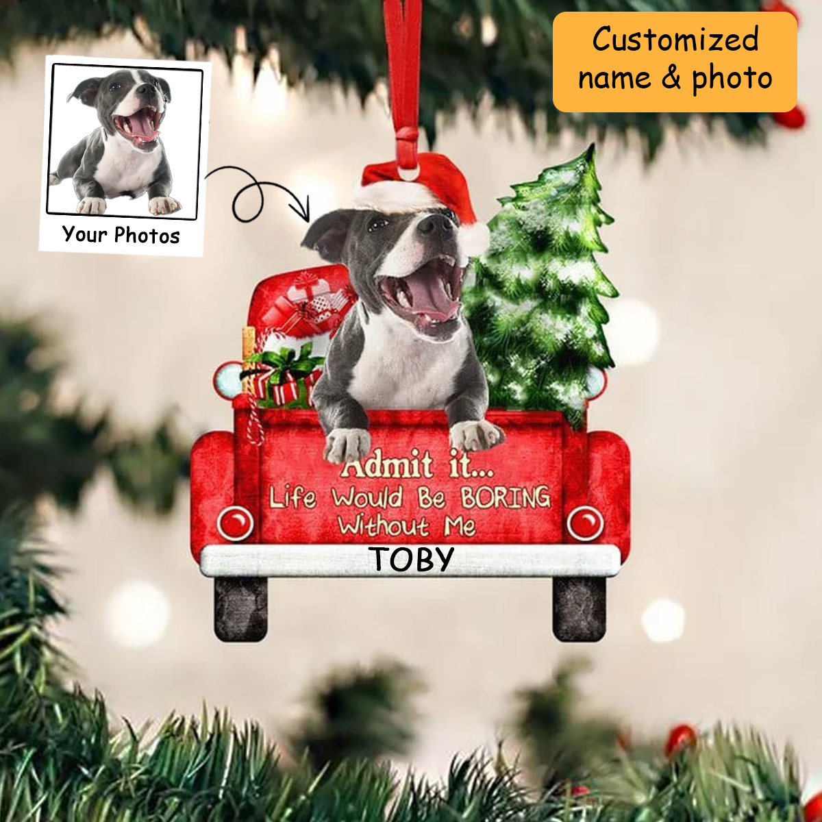 Customized Staffordshire Bull Terrier Dog On The Red Truck Acrylic Christmas Ornament, Christmas Gift For Dog Lovers, Dog Owners