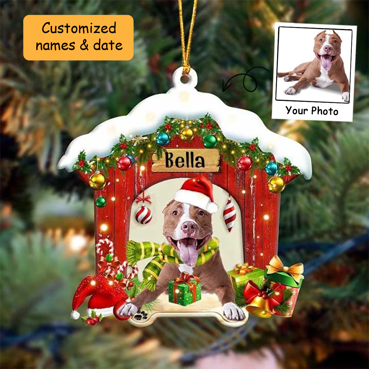 Personalized Pit Bull In Red Wood House Acrylic Ornament Christmas Gift For Dog Lovers, Dog Mom