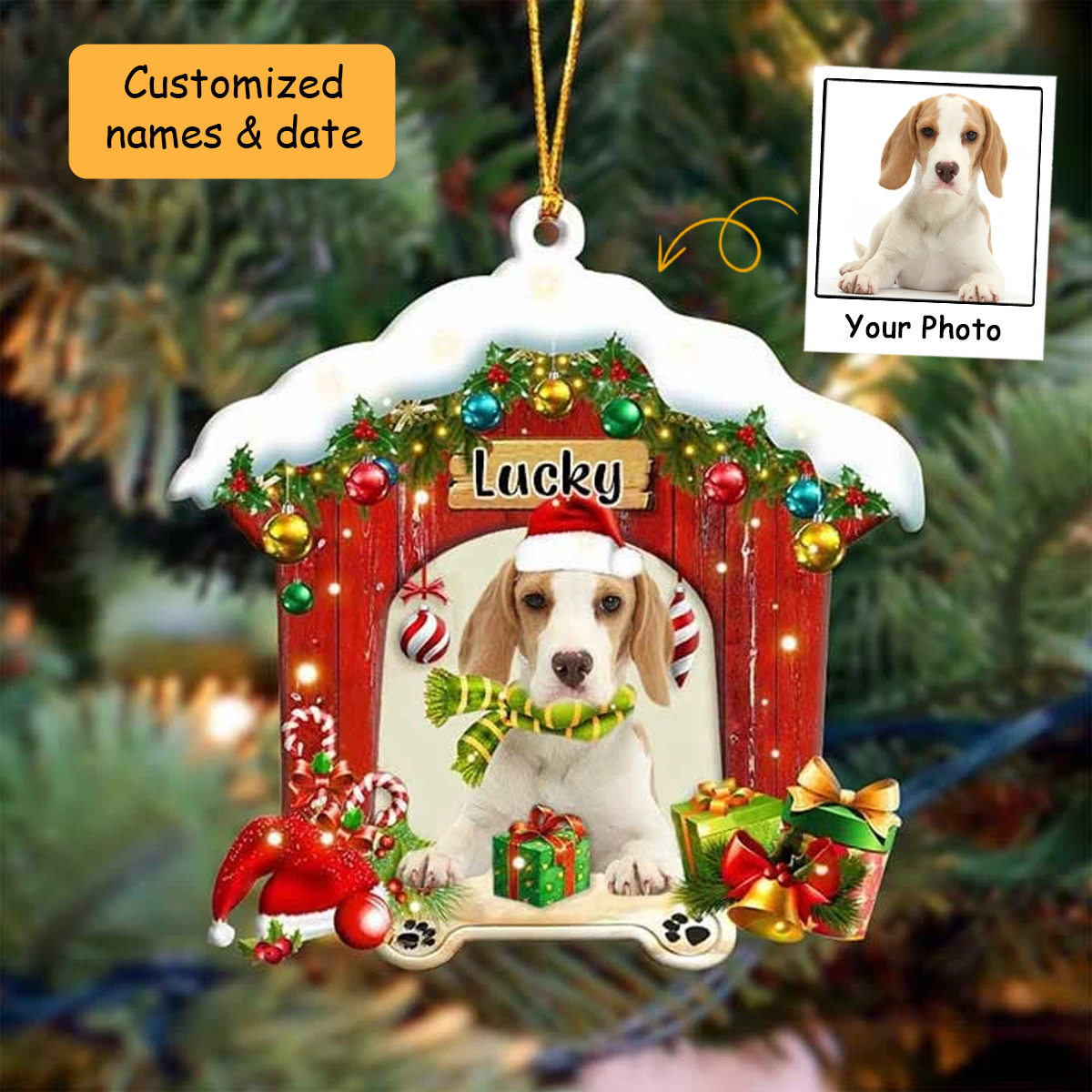 Personalized Beagle In Red Wood House Acrylic Ornament Christmas Gift For Dog Lovers, Dog Mom