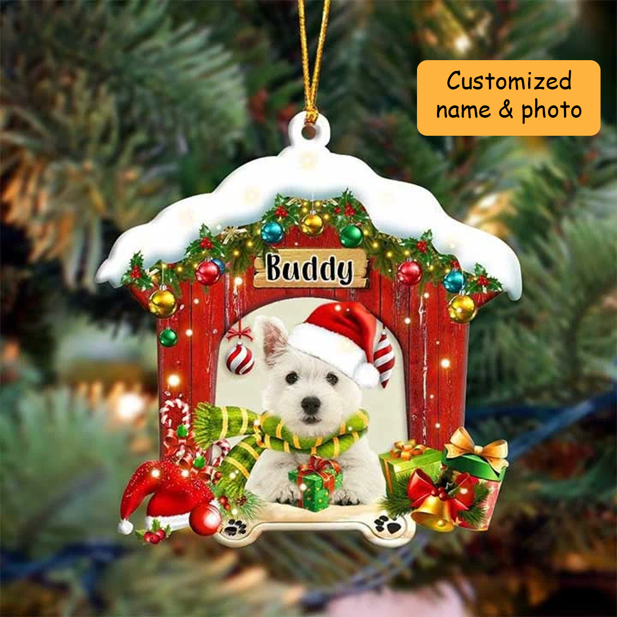 Customized West Highland White Terrier In Red Wood House Acrylic Ornament Christmas Gift For Dog Lovers, Dog Mom