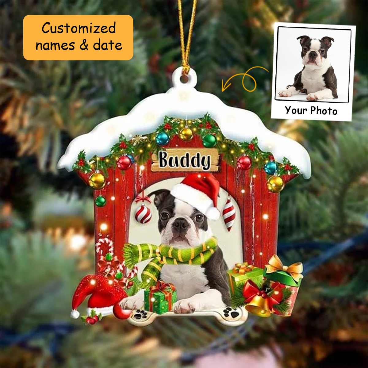 Customized Boston Terrier In Red Wood House Acrylic Ornament Christmas Gift For Dog Lovers, Dog Mom