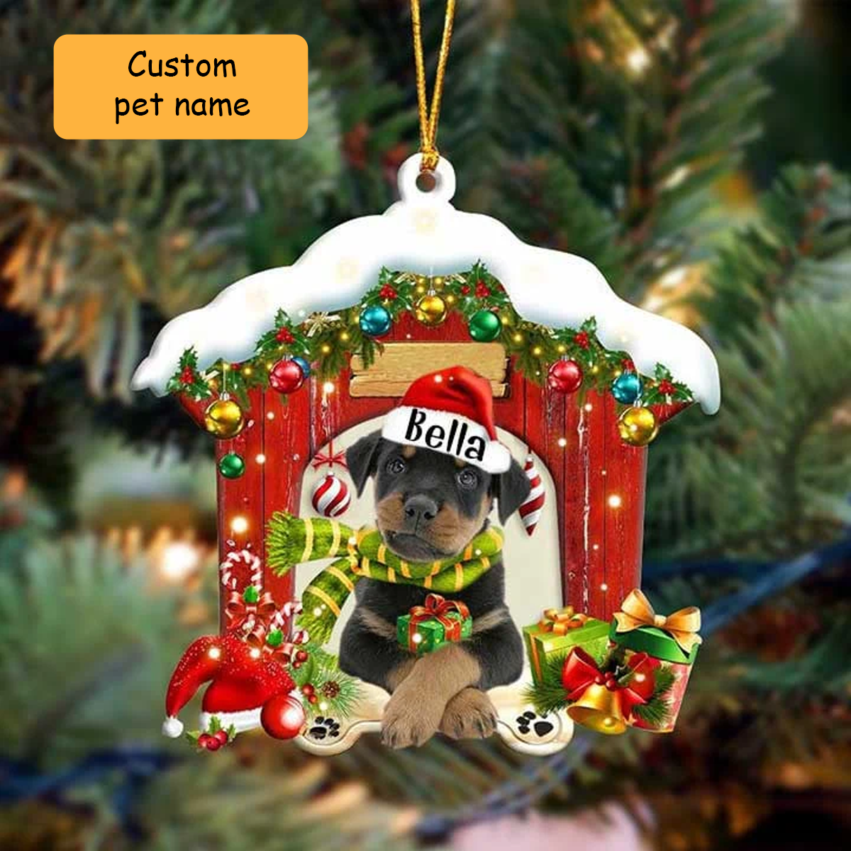 Customized Name Rottweiler In Red Wood House Acrylic Ornament Christmas Gift For Dog Lovers, Dog Mom