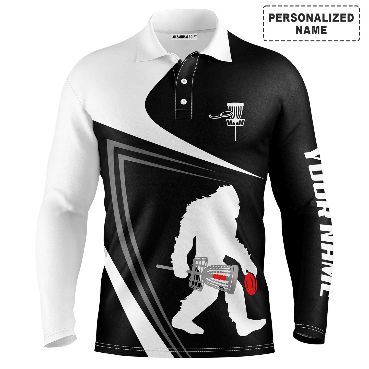 Custom Disc Golf Men Polo Shirt - Custom Name Black And White Bigfoot Sasquatch Funny Apparel Men Polo Shirt - Perfect Polo Shirt For Men, Disc Golf Lover
