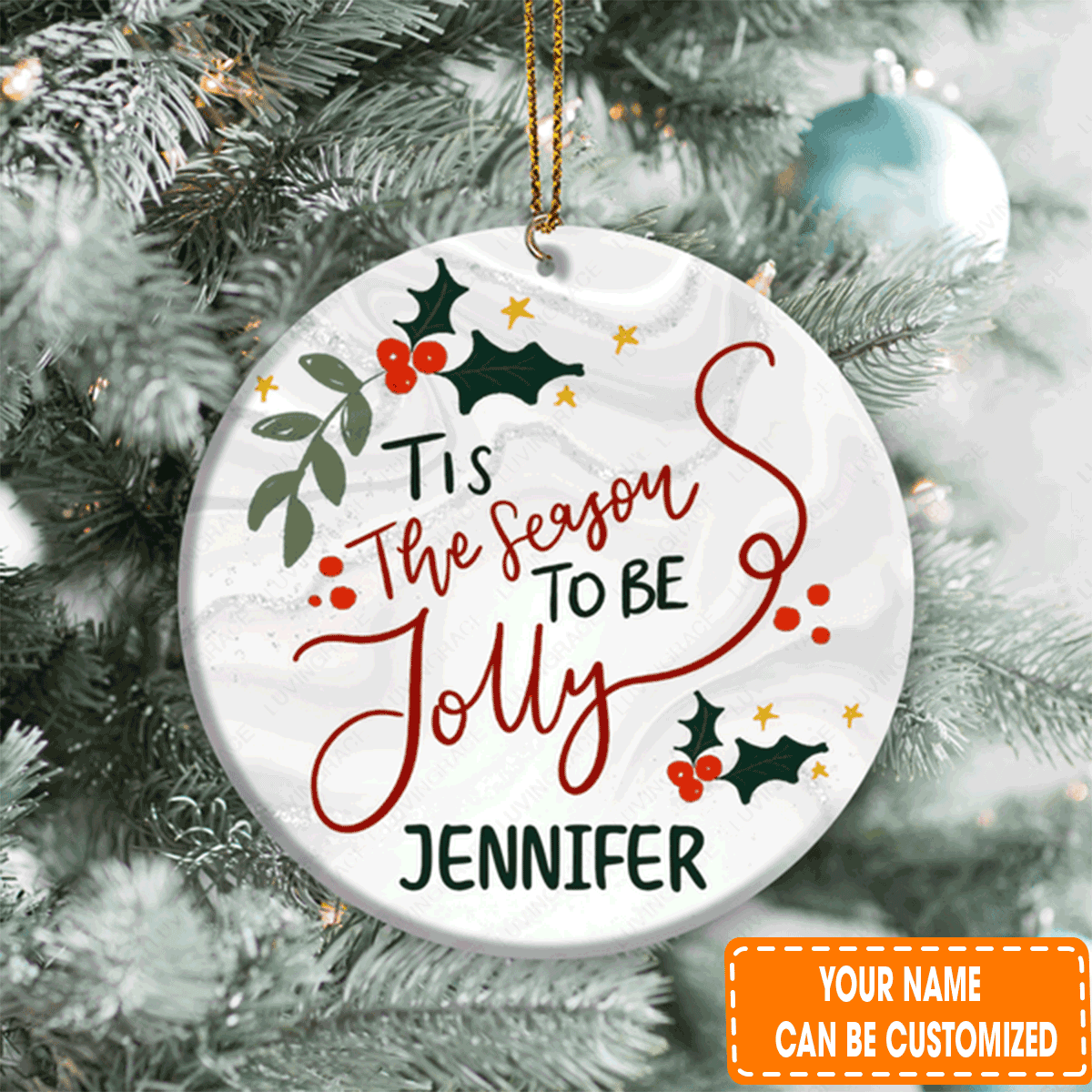 Personalized Christmas Floral Tis The Season To Be Jolly Circle Ceramic Ornament For Family, Friends