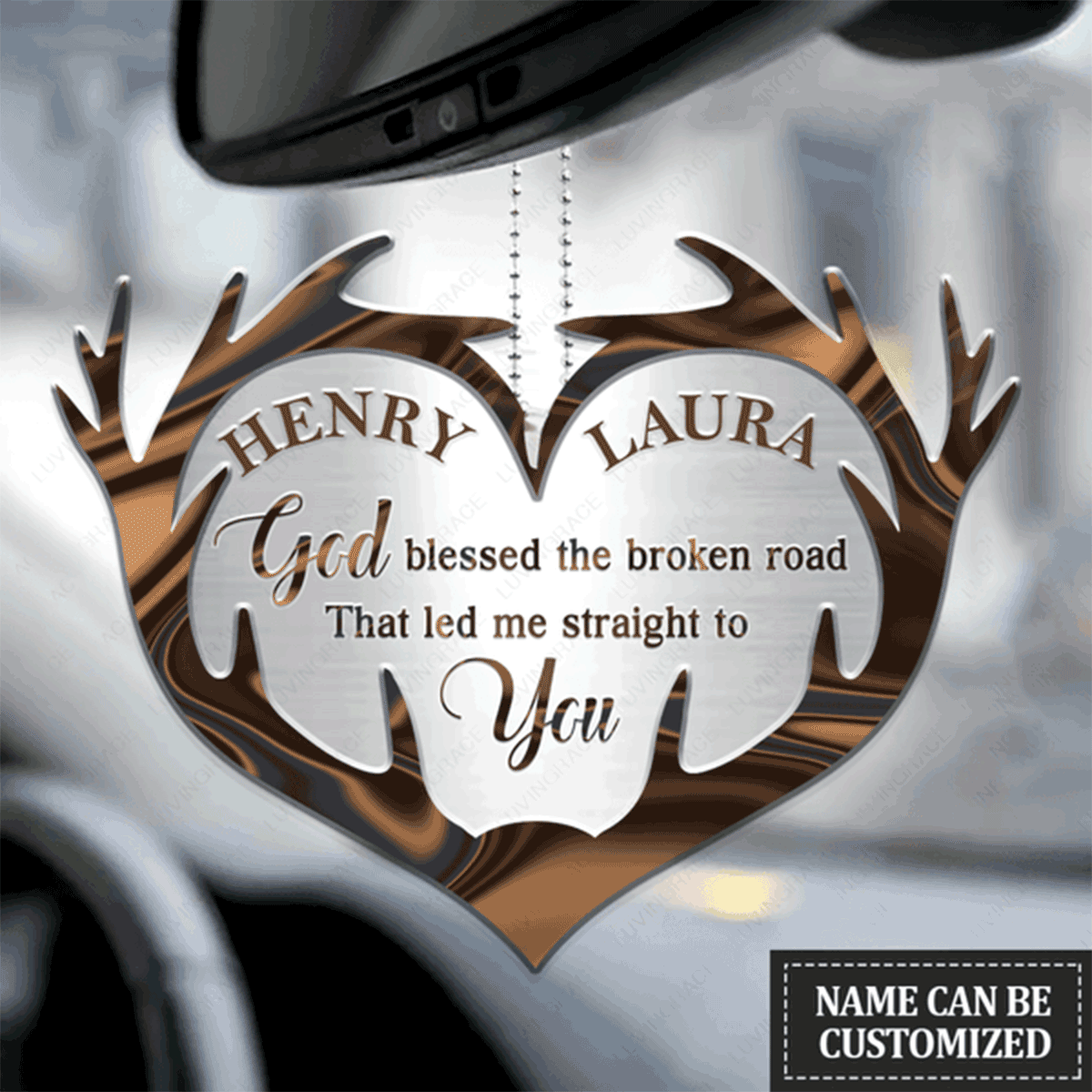 Customized Couple Name Heart Deer Antler God Blessed The Broken Acrylic Car Ornament, Perfect Christmas Gift For Couple