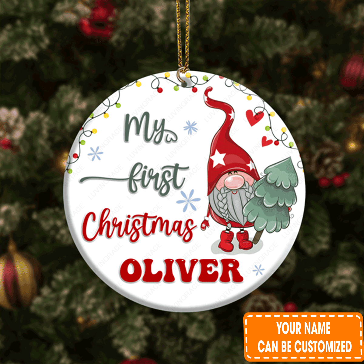 Personalized Gnome And Pine My First Christmas Christmas Circle Ceramic Ornament For 1st Daughter, Son, Family