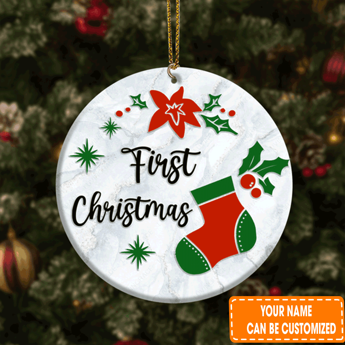 Personalized First Christmas Sock Poinsettia Floral Circle Ceramic Ornament For 1st Christmas Daughter, Son
