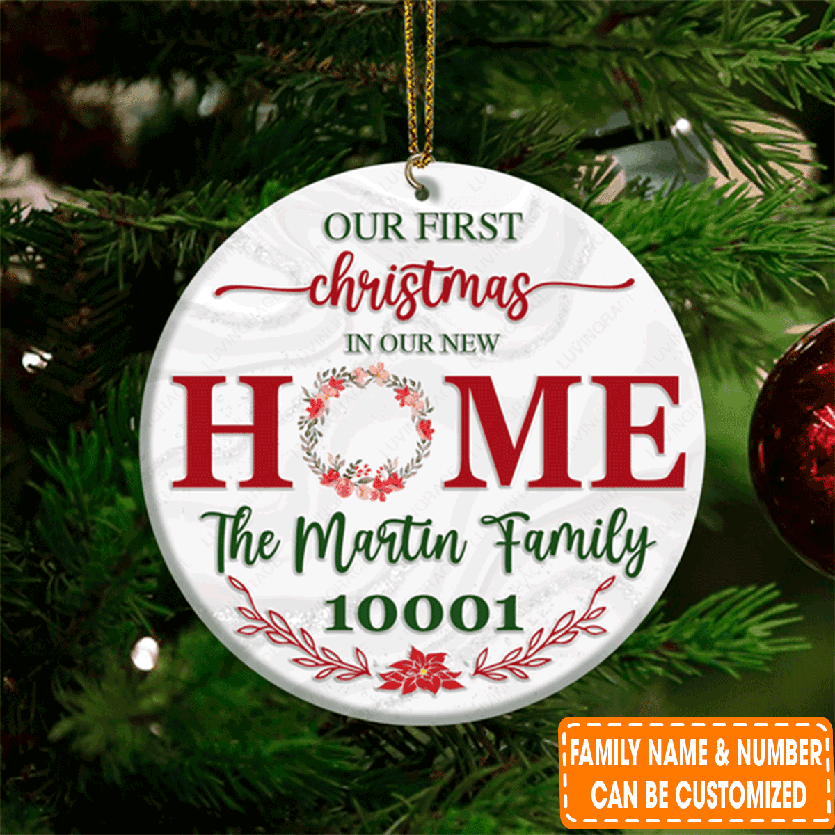 Personalized Red Floral First Christmas In Our New Home Circle Ceramic Ornament For 1st Family Christmas Decor