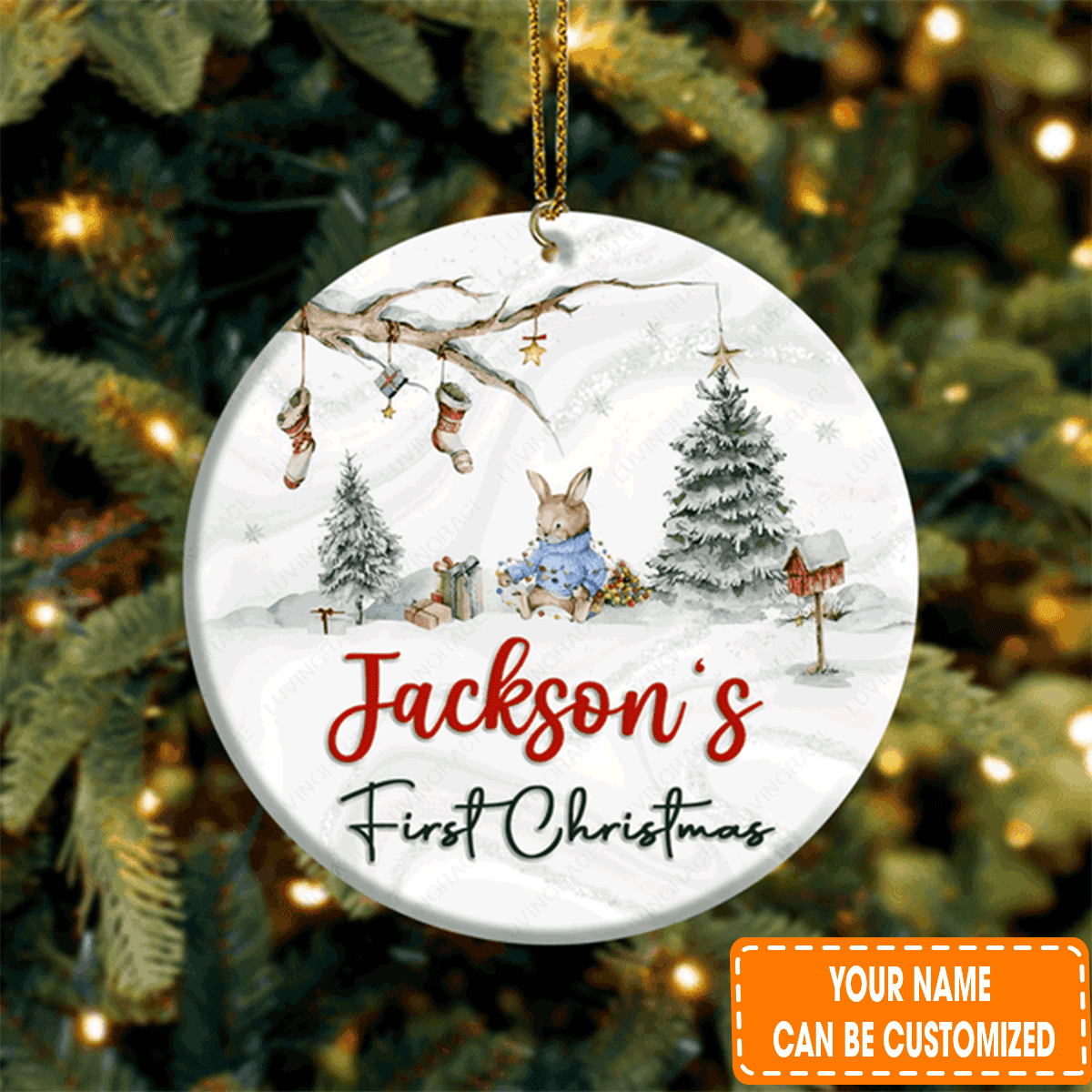 Personalized Baby Rabbit In Forest First Circle Ceramic Ornament For 1st Christmas Daughter, Son, Family