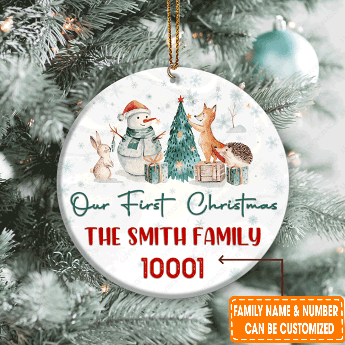 Personalized Snowman And Little Animal Circle Ceramic Ornament For Christian, Holiday Decor