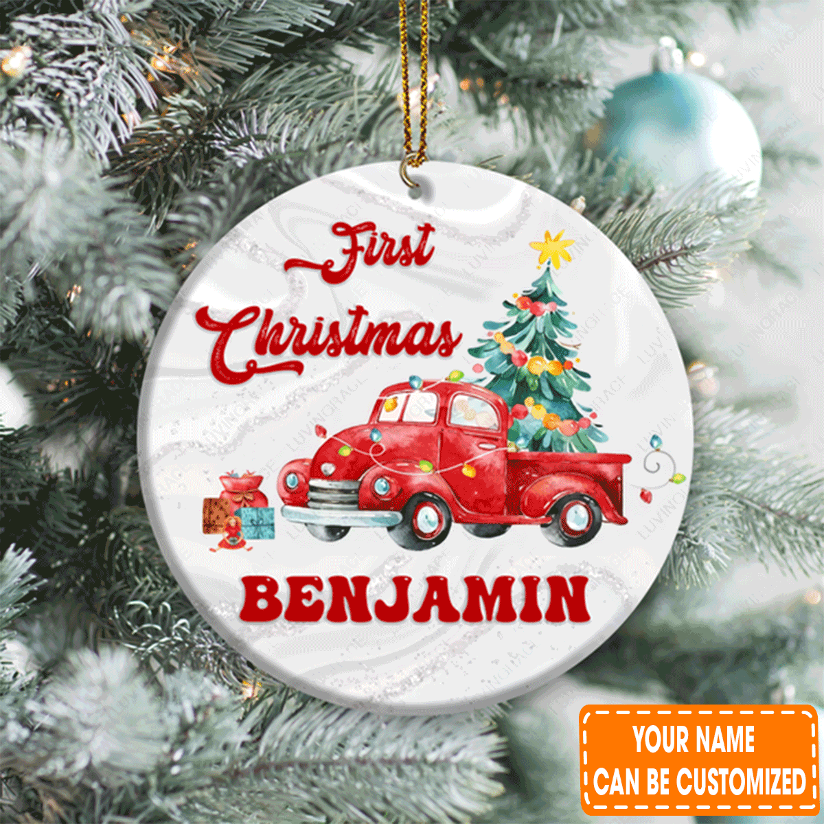 Personalized First Christmas Baby Car Pine Circle Ceramic Ornament For 1st Christmas Son, Grandson