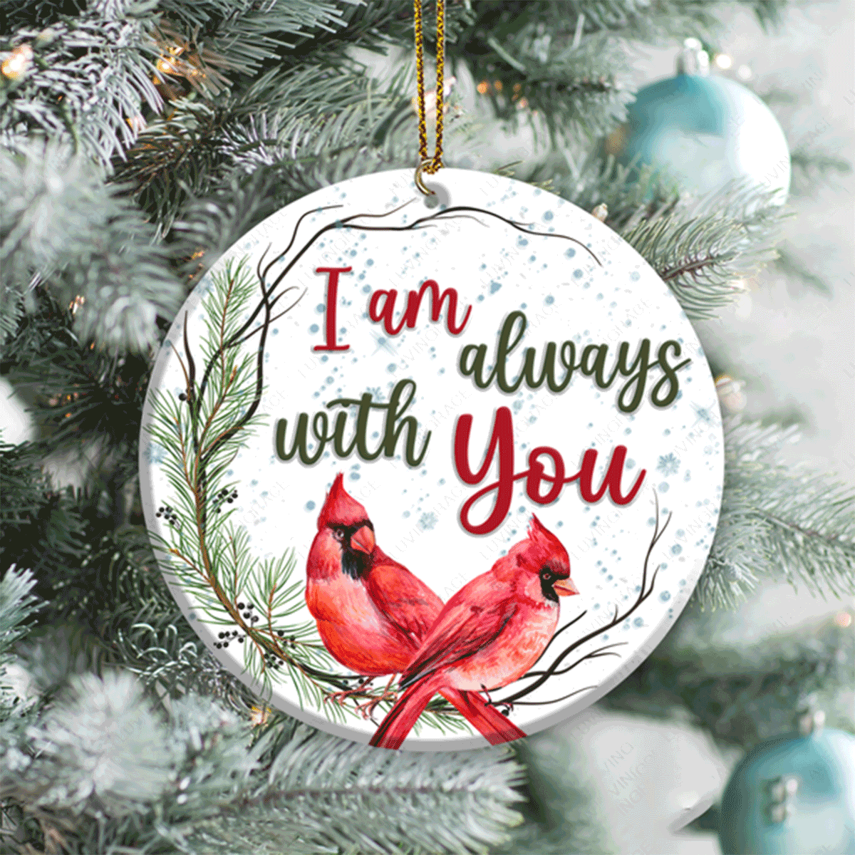 Cardinal On Pine Branch I Am Always With You Circle Ceramic Ornament For Couple