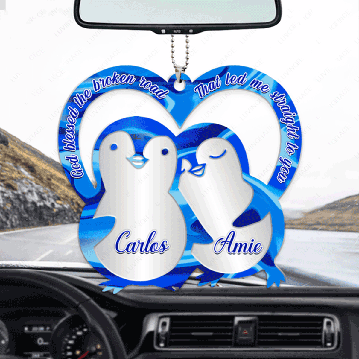 Personalized Couple Penguins In Love God Blessed Acrylic Car Ornament, Perfect Christmas Gift For Couple