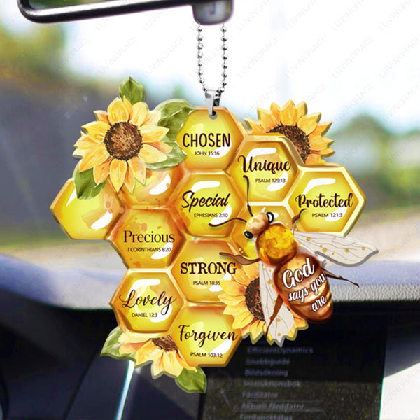 Bee And Honeycomb Sunflower God Says Are You Acrylic Car Ornament, Perfect Christmas Gift For Family, Friends