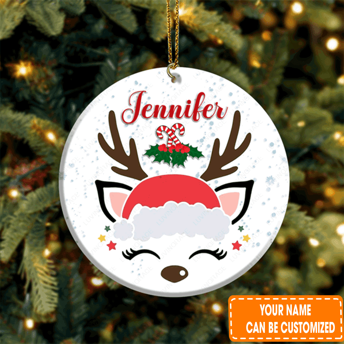 Personalized Christmas Candy Baby Antler Circle Ceramic Ornament For Daughter, Granddaughter