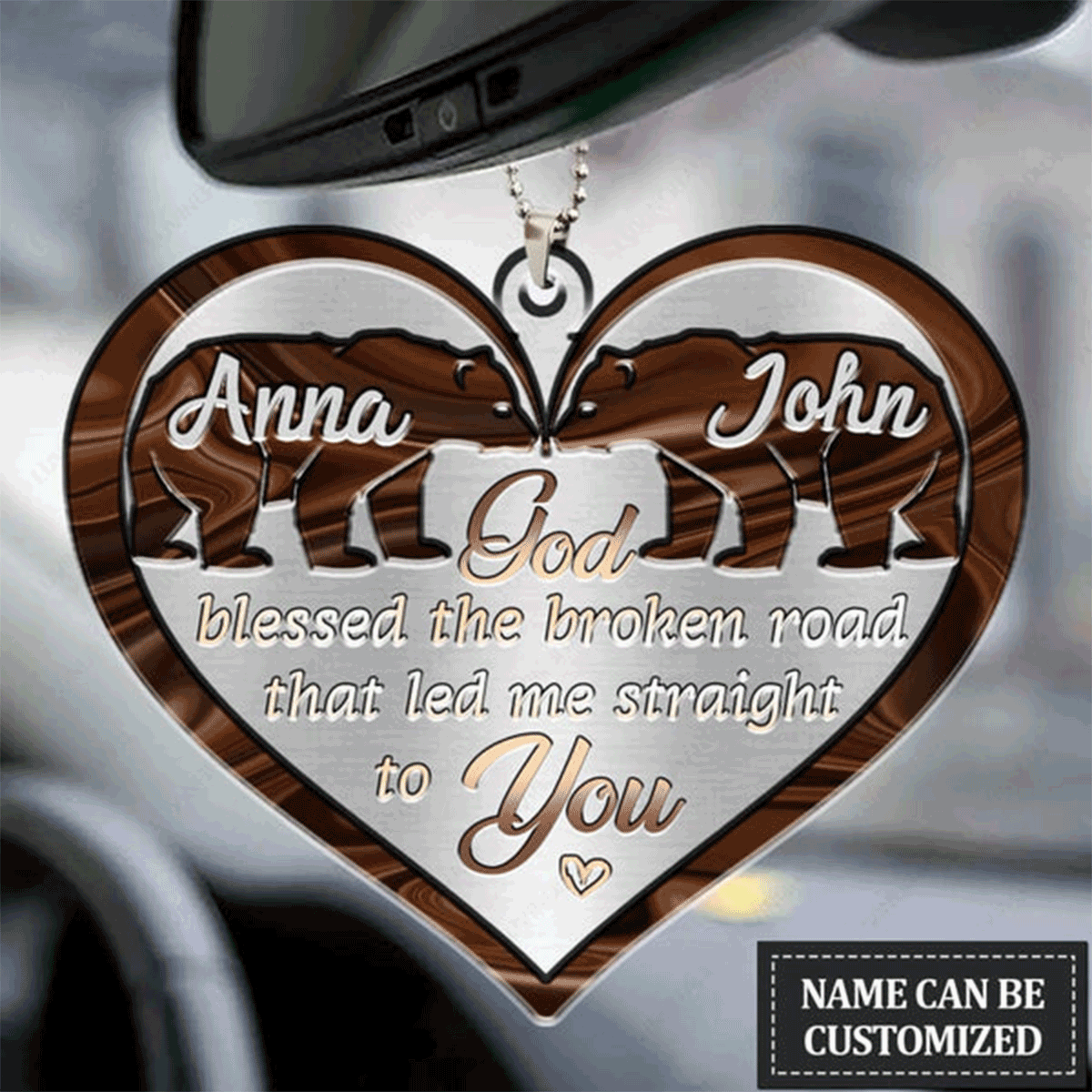 Customized Name Bear Couple God Blessed Acrylic Car Ornament, Perfect Christmas Gift For Couple